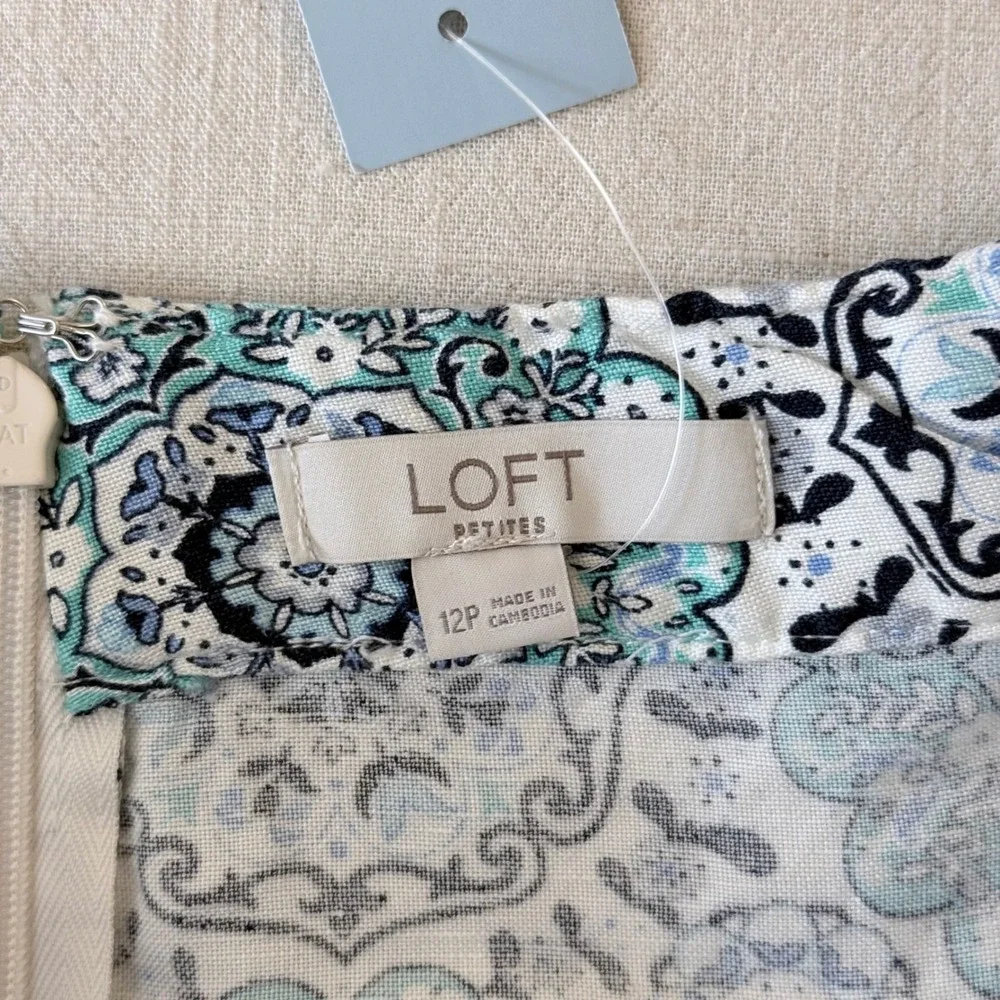 LOFT‎ Petite Linen Blend Boho Wrap Skirt 12P Blue Medallion Print NWT Summer